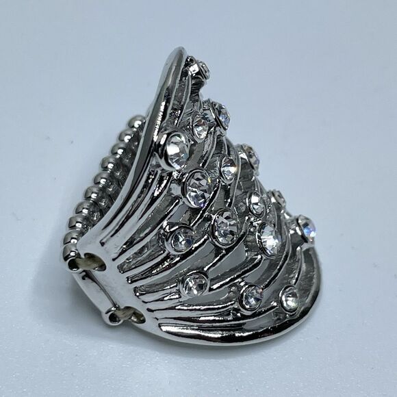 Stunning Silver Tone White Rhinestone Wide Stretch Band Ring Statement Fashion - Picture 2 of 7
